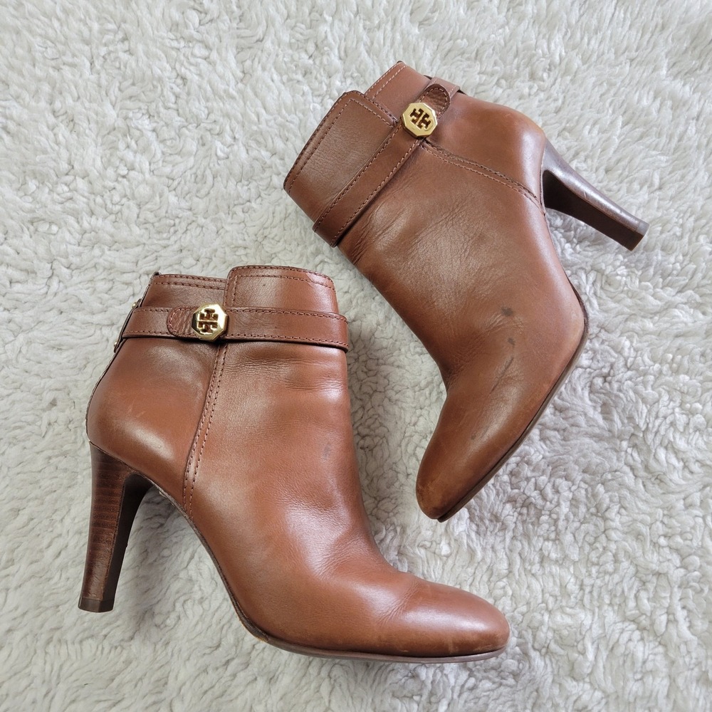 Tory Burch Bristol Soft Leather Booties Ankle Boots Women's 8 Brown Gold Heels